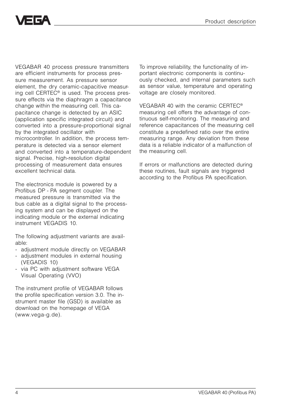 1 product description, 1 function and configuration, 2 self-monitoring | VEGA VEGABAR 40 Profibus PA User Manual | Page 4 / 36