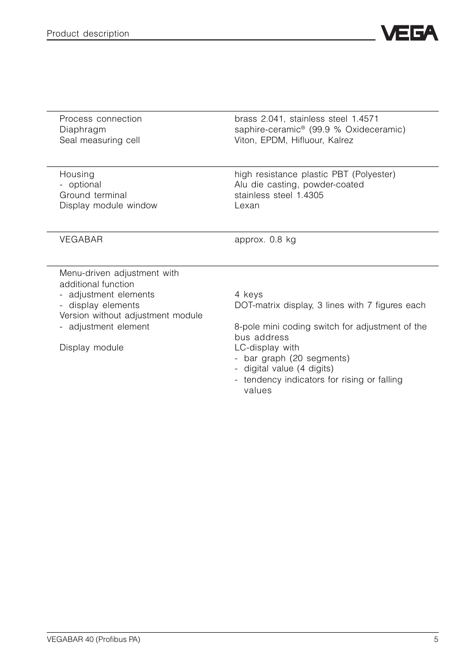3 technical data | VEGA VEGABAR 40 Profibus PA User Manual | Page 5 / 36