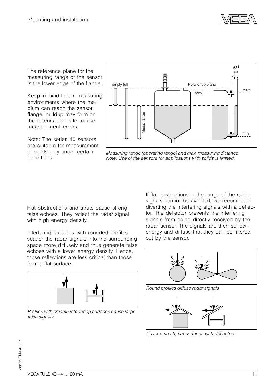 3 mounting and installation, 1 general installation instructions, False echoes | Measuring range | VEGA VEGAPULS 43 4 … 20 mA; HART compact sensor User Manual | Page 11 / 68