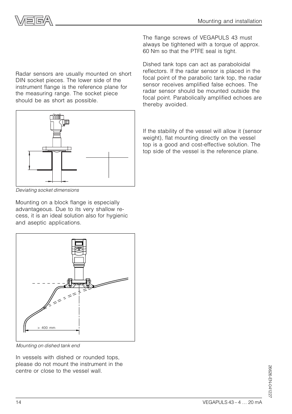 2 measurement of liquids, Flange antenna | VEGA VEGAPULS 43 4 … 20 mA; HART compact sensor User Manual | Page 14 / 68