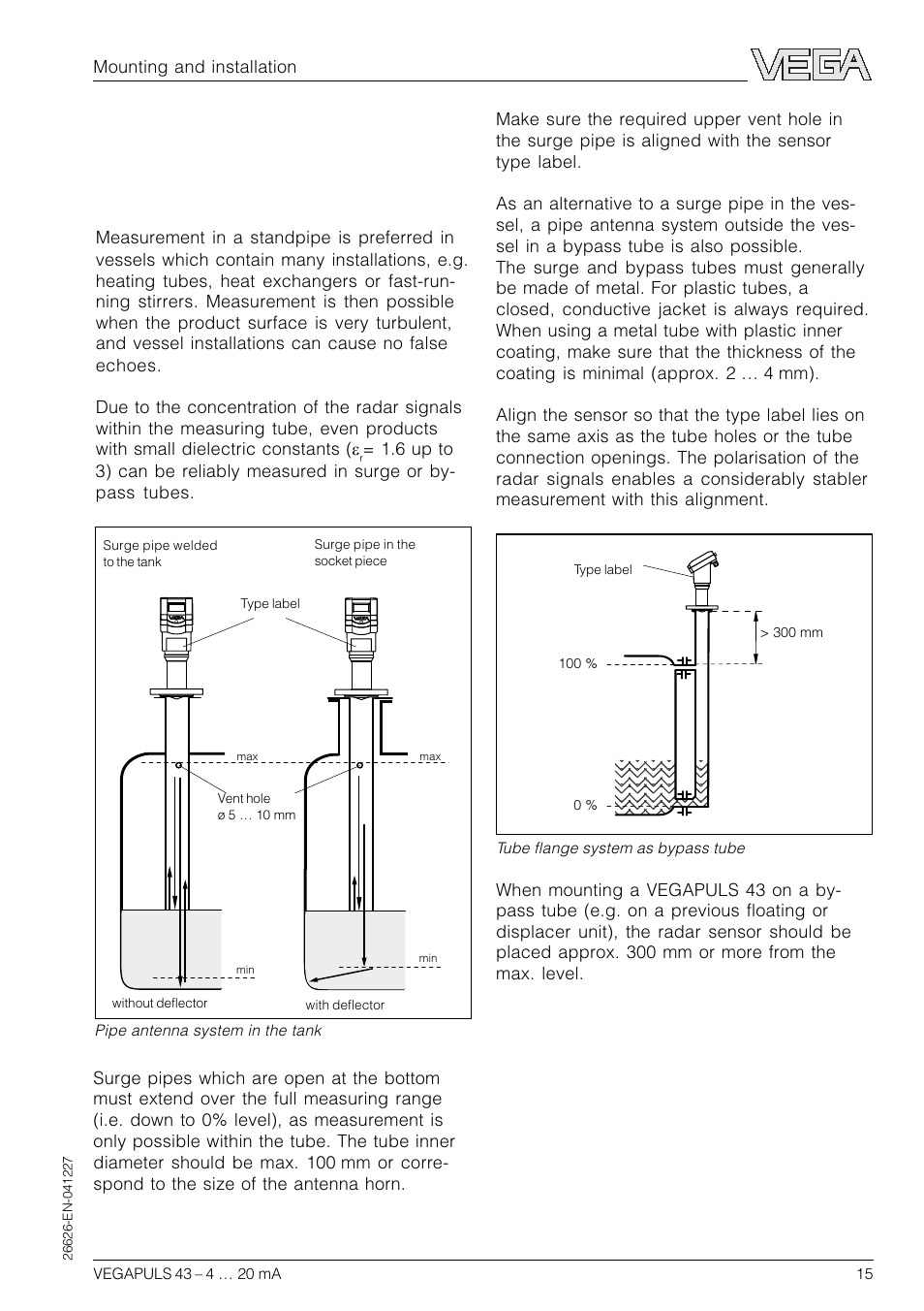 3 measurement in standpipe (surge or bypass tube), General instructions | VEGA VEGAPULS 43 4 … 20 mA; HART compact sensor User Manual | Page 15 / 68