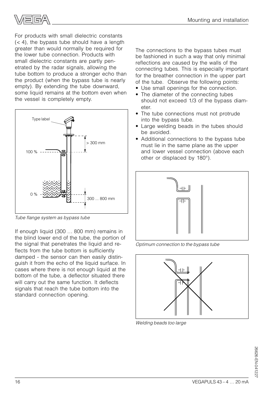 Connections to the bypass tube | VEGA VEGAPULS 43 4 … 20 mA; HART compact sensor User Manual | Page 16 / 68