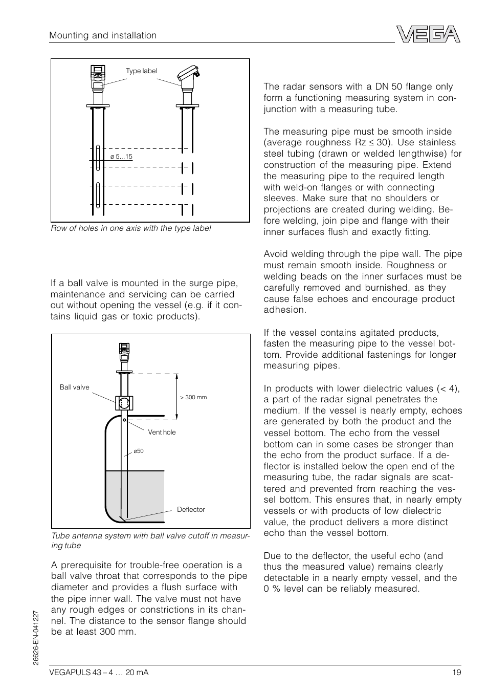 Guidelines for standpipe construction, Surge pipe with ball valve | VEGA VEGAPULS 43 4 … 20 mA; HART compact sensor User Manual | Page 19 / 68