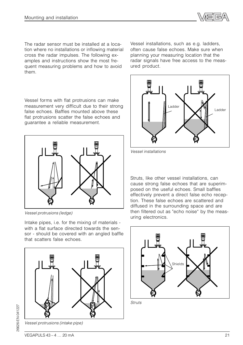 4 false echoes, Vessel installations, Struts | Vessel protrusions | VEGA VEGAPULS 43 4 … 20 mA; HART compact sensor User Manual | Page 21 / 68