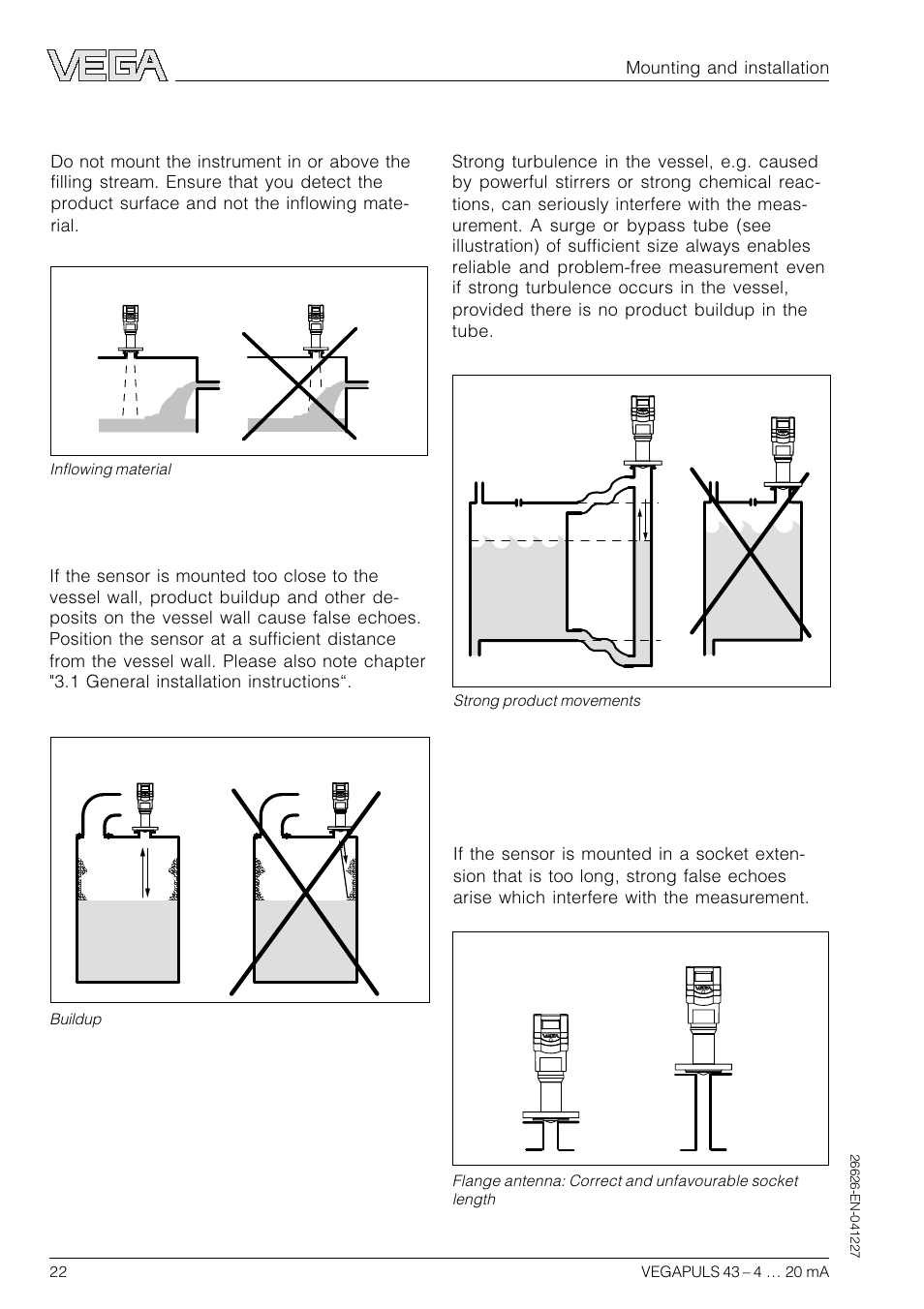 5 common installation mistakes, Socket piece too long | VEGA VEGAPULS 43 4 … 20 mA; HART compact sensor User Manual | Page 22 / 68