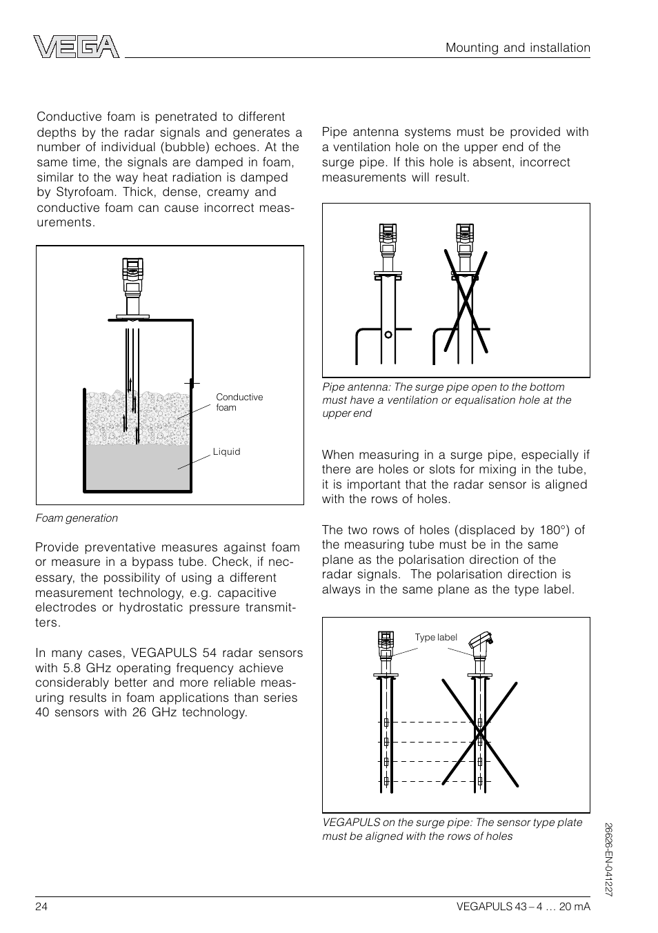 Standpipe installation mistakes, Foam generation | VEGA VEGAPULS 43 4 … 20 mA; HART compact sensor User Manual | Page 24 / 68