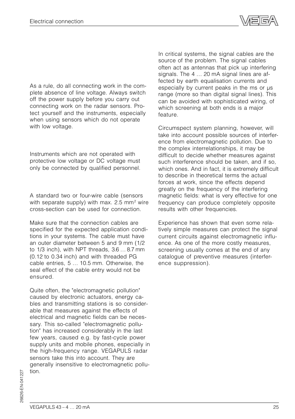 4 electrical connection, 1 connection and connection cable | VEGA VEGAPULS 43 4 … 20 mA; HART compact sensor User Manual | Page 25 / 68