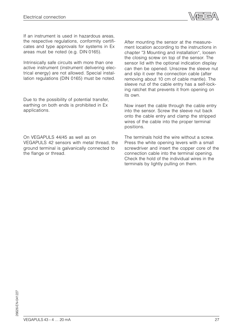 2 connection of the sensor | VEGA VEGAPULS 43 4 … 20 mA; HART compact sensor User Manual | Page 27 / 68
