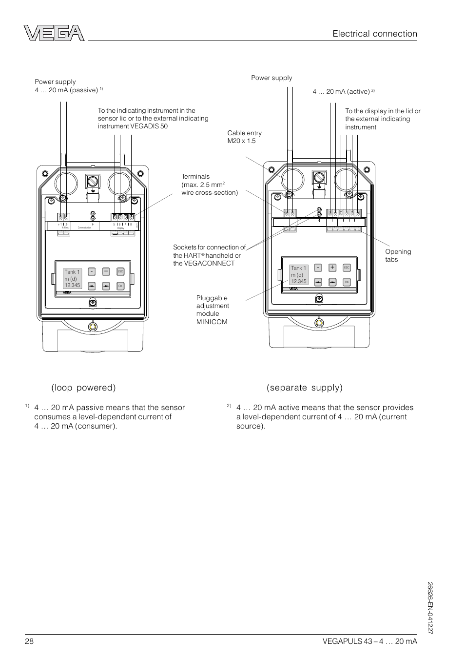 Version with plastic housing, Electrical connection | VEGA VEGAPULS 43 4 … 20 mA; HART compact sensor User Manual | Page 28 / 68