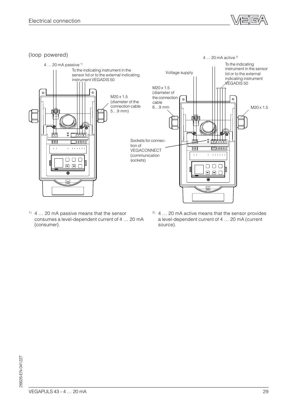 Version with aluminium housing, Electrical connection, 4 … 20 ma passive | Voltage supply 4 … 20 ma active | VEGA VEGAPULS 43 4 … 20 mA; HART compact sensor User Manual | Page 29 / 68