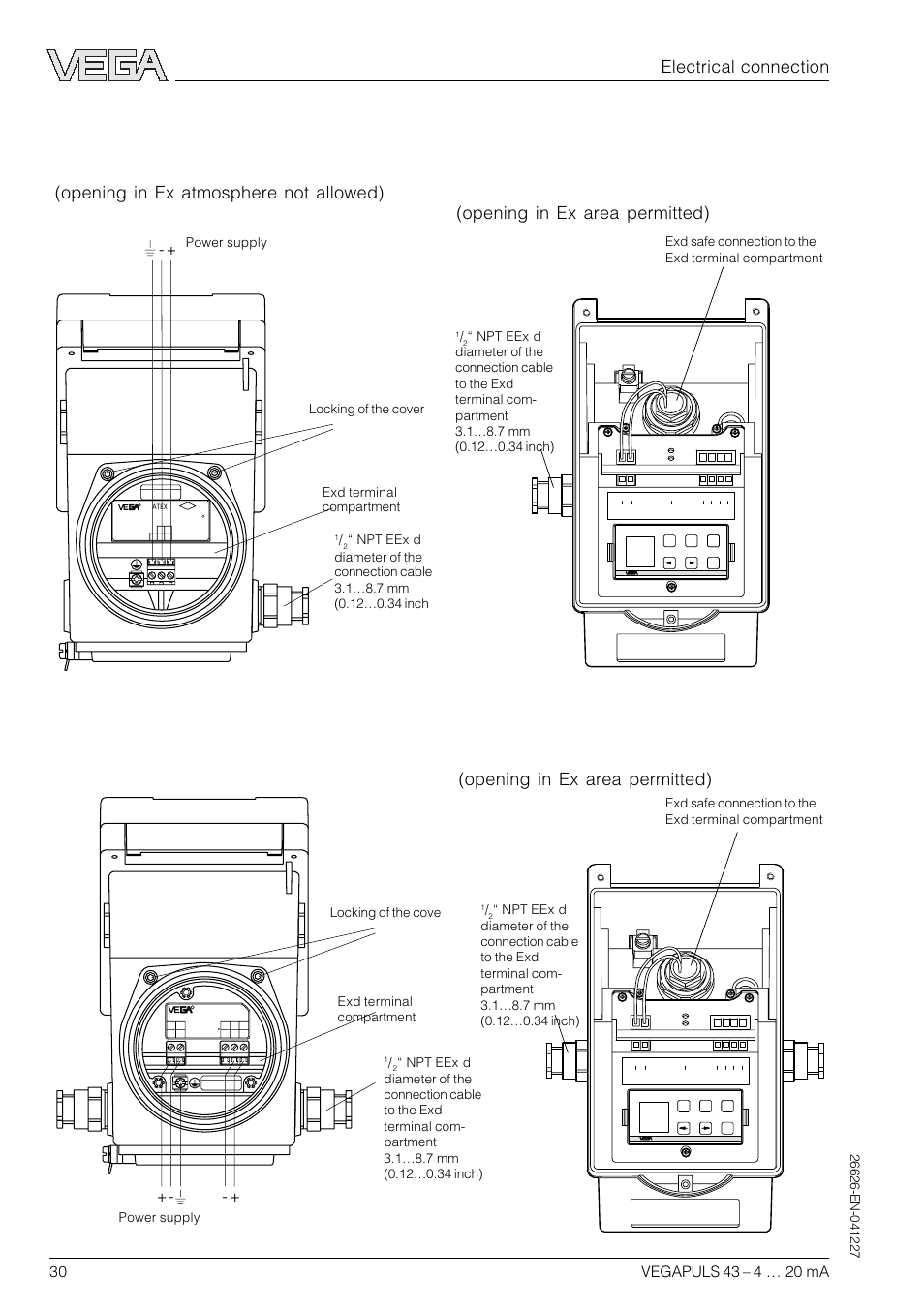 Electrical connection, 4 ma, Exd terminal compartment | VEGA VEGAPULS 43 4 … 20 mA; HART compact sensor User Manual | Page 30 / 68