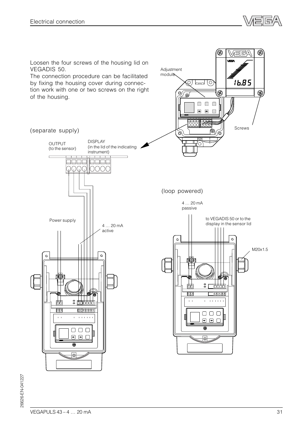 Electrical connection | VEGA VEGAPULS 43 4 … 20 mA; HART compact sensor User Manual | Page 31 / 68