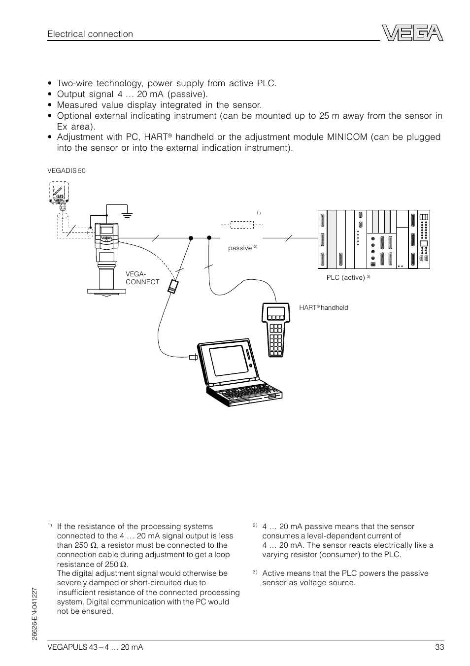 Measuring system with vegapuls 43 on active plc, Electrical connection | VEGA VEGAPULS 43 4 … 20 mA; HART compact sensor User Manual | Page 33 / 68