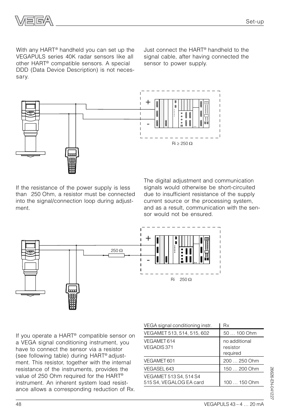 4 adjustment with hart® handheld, 4 adjustment with hart, Handheld | VEGA VEGAPULS 43 4 … 20 mA; HART compact sensor User Manual | Page 48 / 68