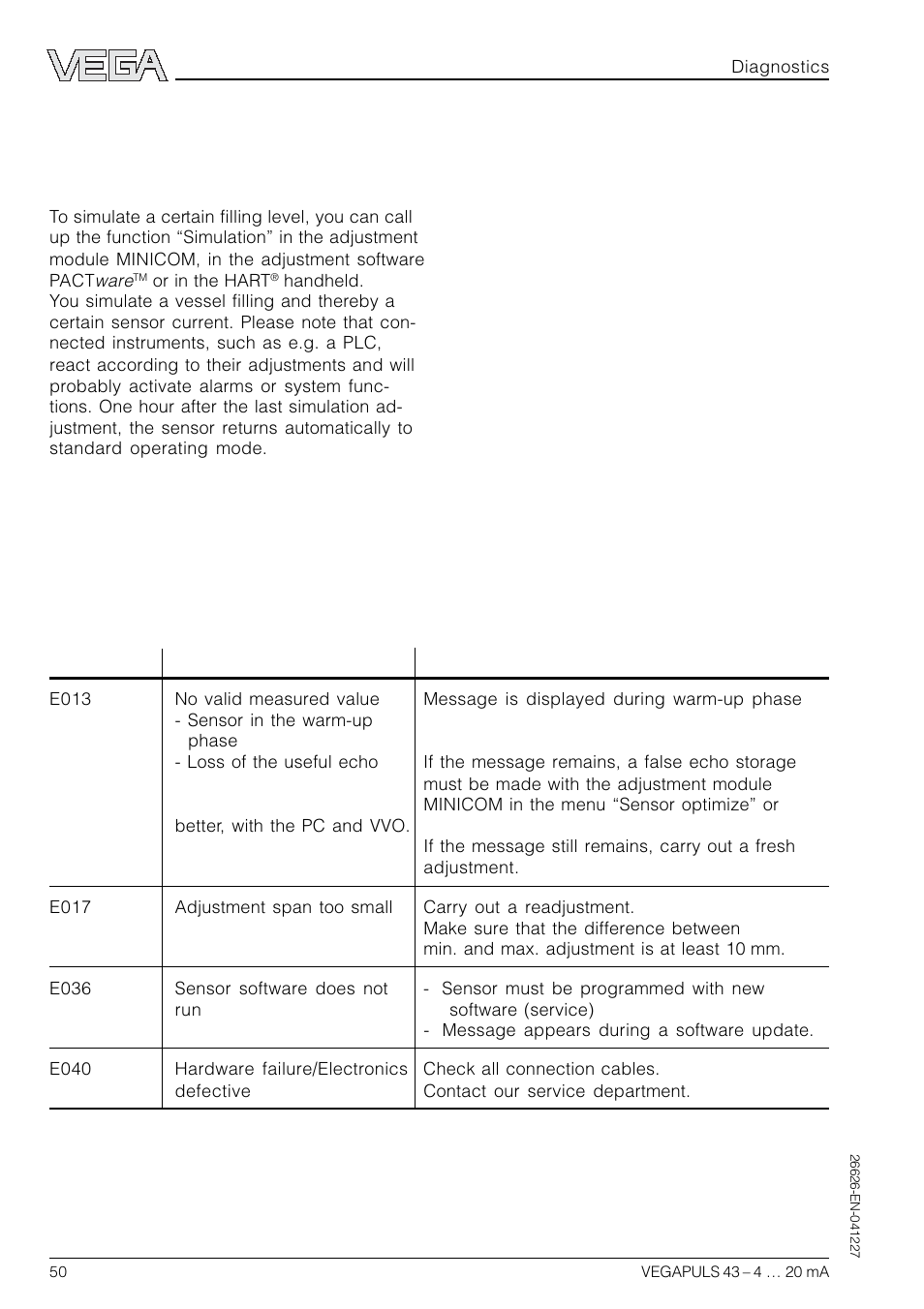 6 diagnostics, 1 simulation, 2 error codes | VEGA VEGAPULS 43 4 … 20 mA; HART compact sensor User Manual | Page 50 / 68