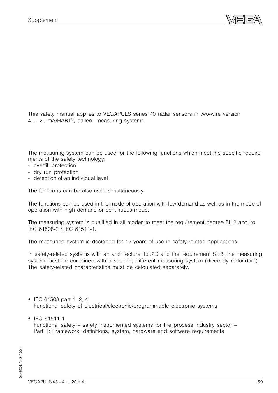 Supplement, Safety manual, 1 general | 1 validity, 2 area of application, 3 relevant standards, Supplement safety manual, 1general | VEGA VEGAPULS 43 4 … 20 mA; HART compact sensor User Manual | Page 59 / 68