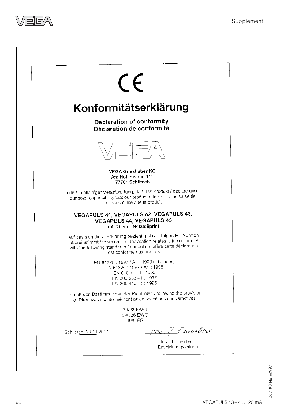 Ce conformity declaration | VEGA VEGAPULS 43 4 … 20 mA; HART compact sensor User Manual | Page 66 / 68