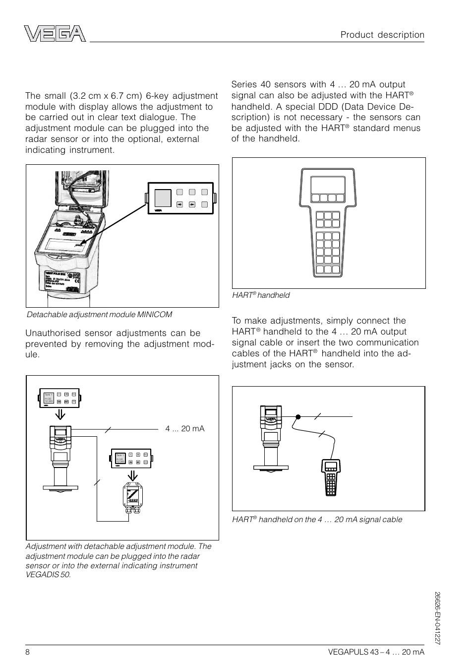 Adjustment with the hart, Handheld, Adjustment with the adjustment module minicom | 24 ma, Standard menus of the handheld | VEGA VEGAPULS 43 4 … 20 mA; HART compact sensor User Manual | Page 8 / 68