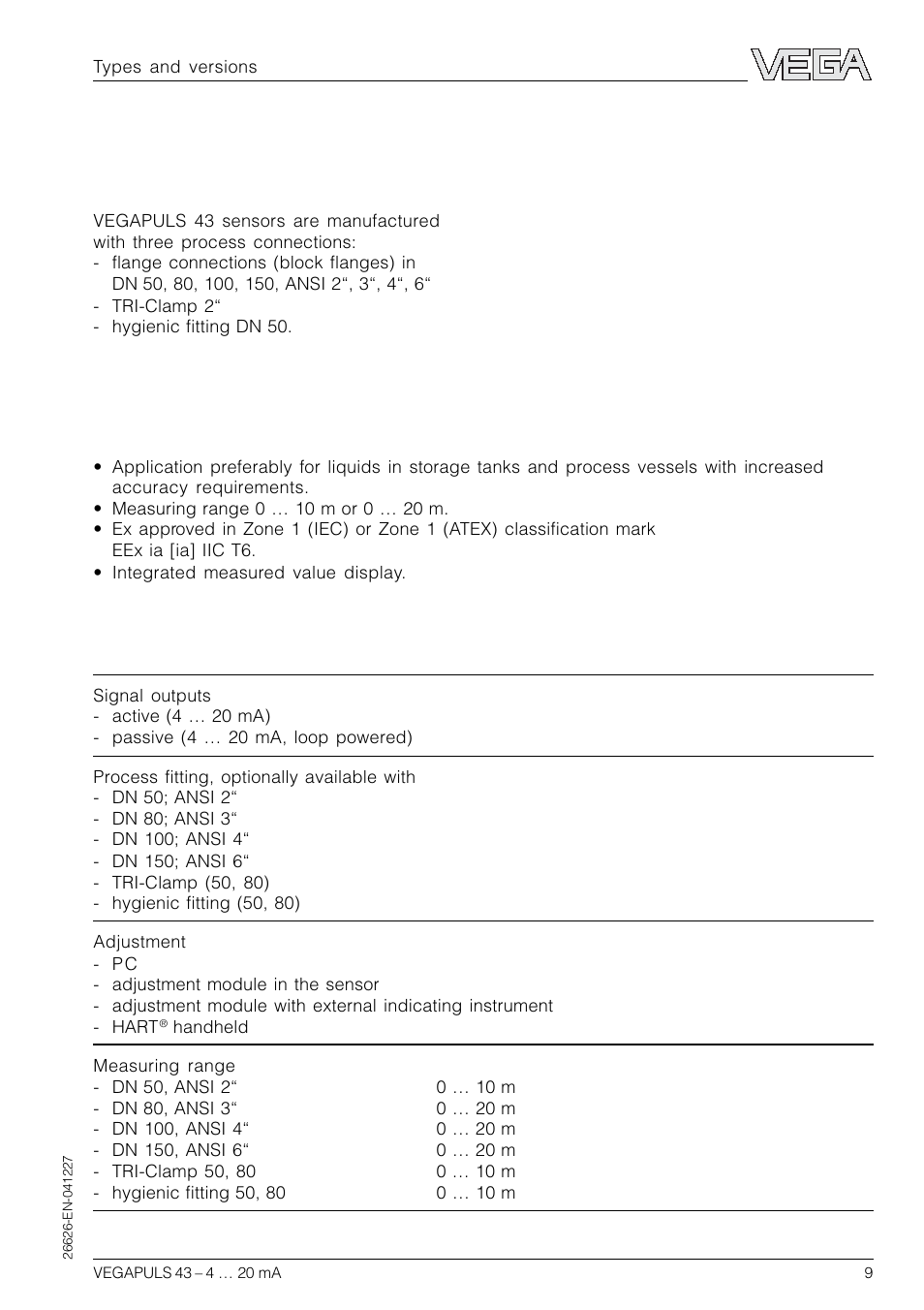 2 types and versions, 1 type survey | VEGA VEGAPULS 43 4 … 20 mA; HART compact sensor User Manual | Page 9 / 68