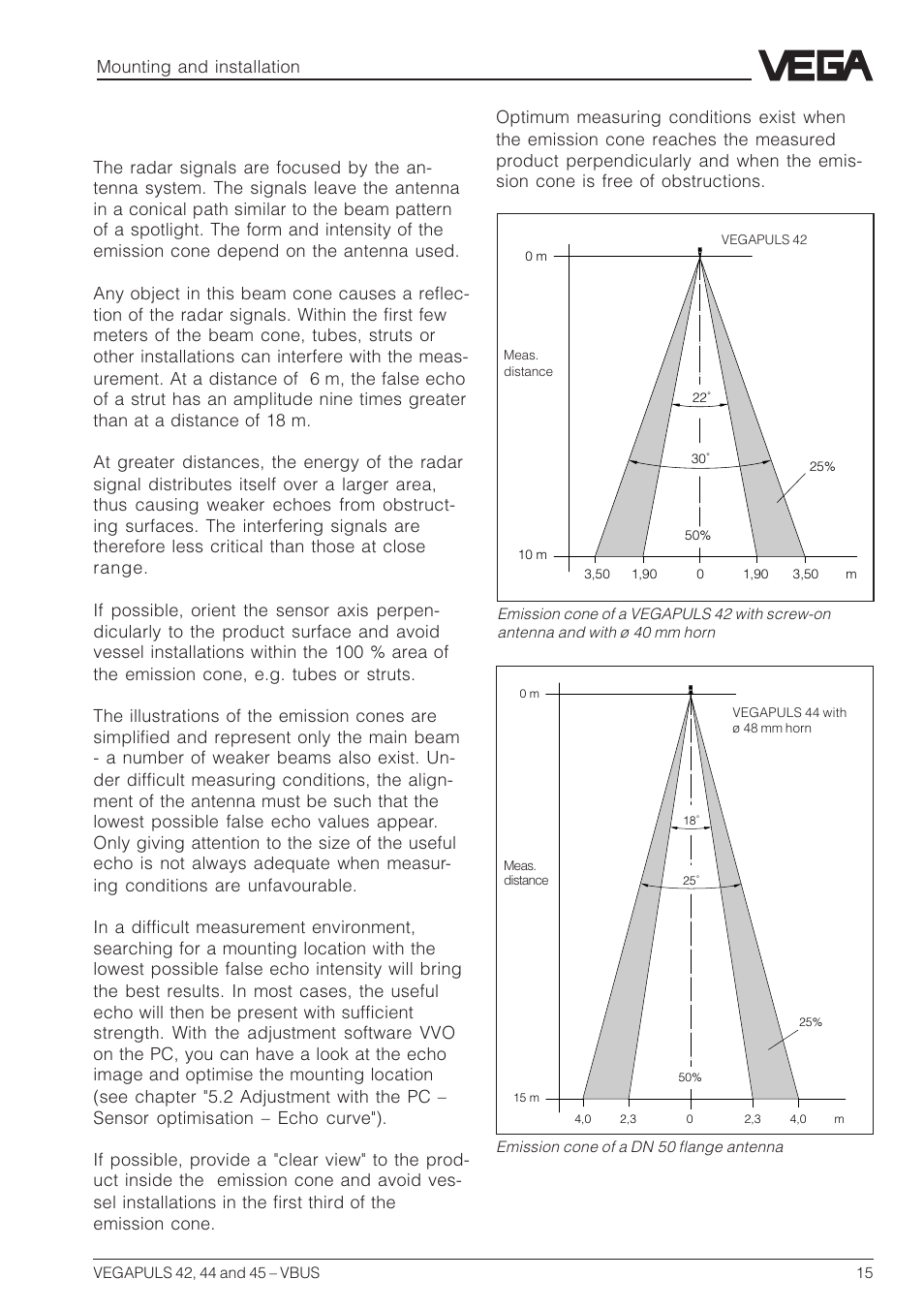 Emission cone and interfering reflec- tions, Mounting and installation | VEGA VEGAPULS 45 VBUS User Manual | Page 15 / 92