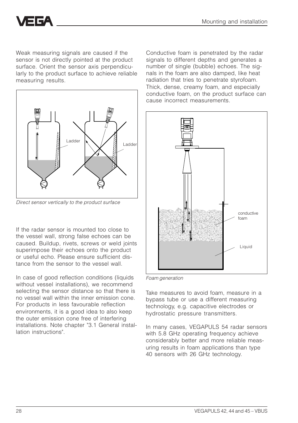 Sensor too close to the vessel wall, Wrong orientation to the product, Foam generation | VEGA VEGAPULS 45 VBUS User Manual | Page 28 / 92