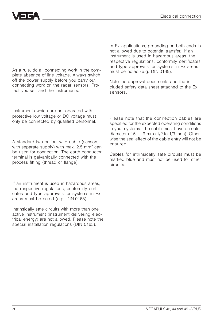 4 electrical connection, 1 connection and connection cable | VEGA VEGAPULS 45 VBUS User Manual | Page 30 / 92