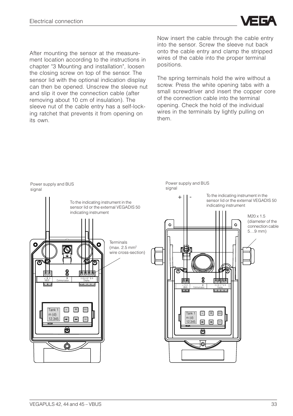 2 connection of the sensor, Version with aluminium housing, Version with plastic housing | Electrical connection | VEGA VEGAPULS 45 VBUS User Manual | Page 33 / 92