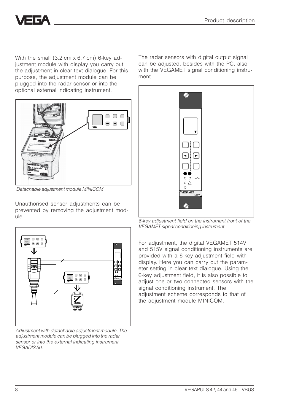 Adjustment with adjustment module minicom, Product description, Detachable adjustment module minicom | VEGA VEGAPULS 45 VBUS User Manual | Page 8 / 92