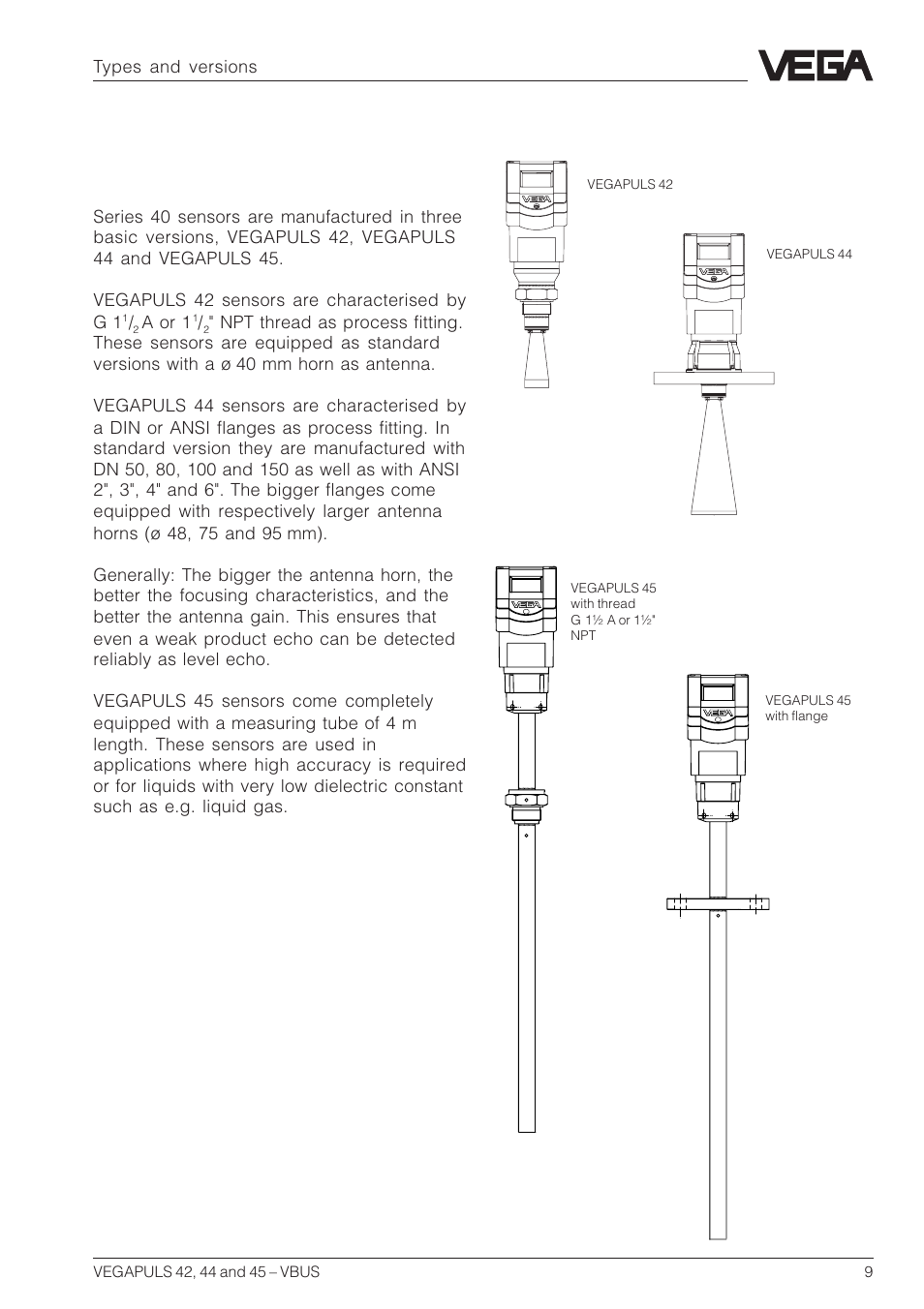 2 types and versions, 1 overview | VEGA VEGAPULS 45 VBUS User Manual | Page 9 / 92