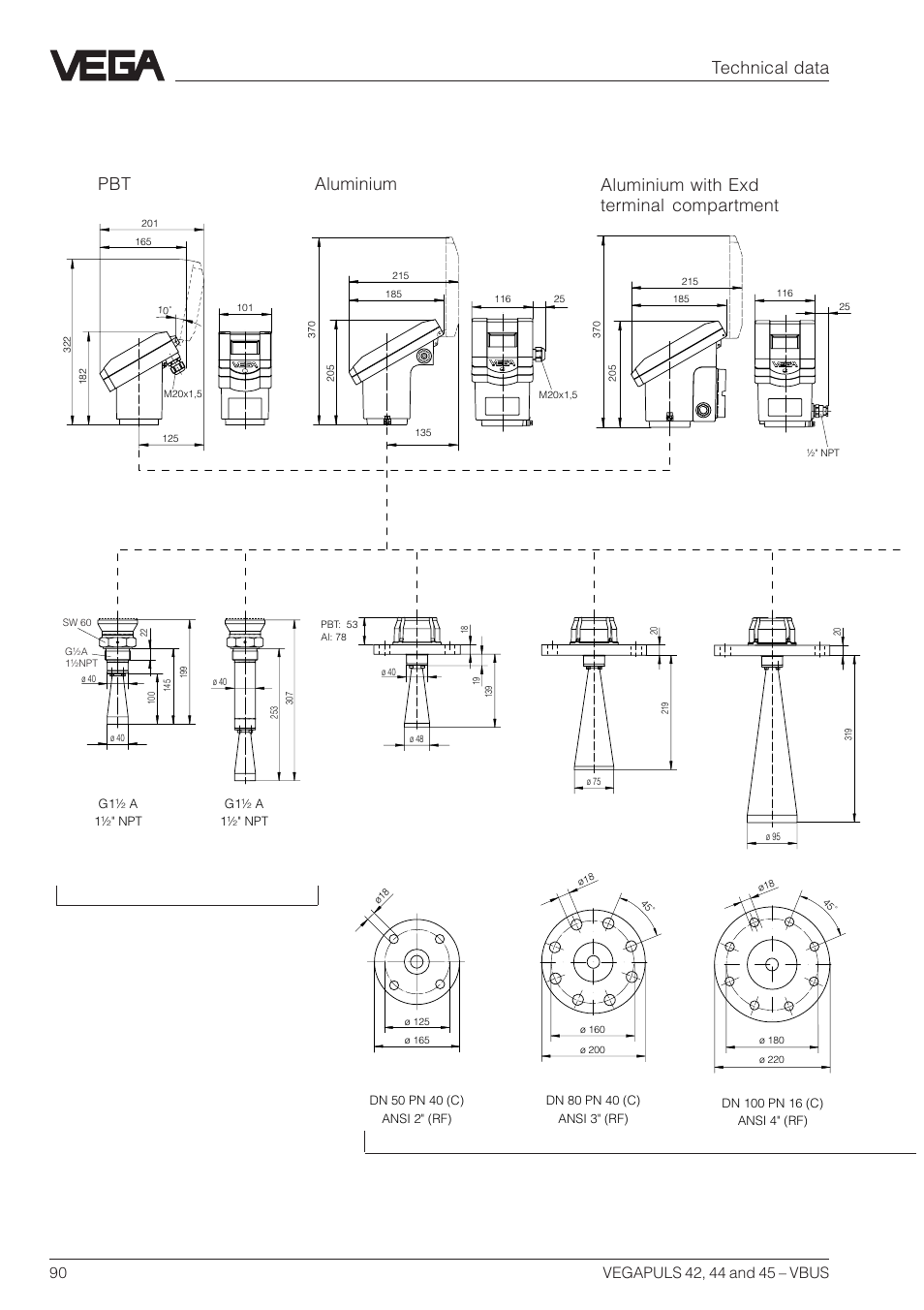 Sensor dimensions, Technical data | VEGA VEGAPULS 45 VBUS User Manual | Page 90 / 92