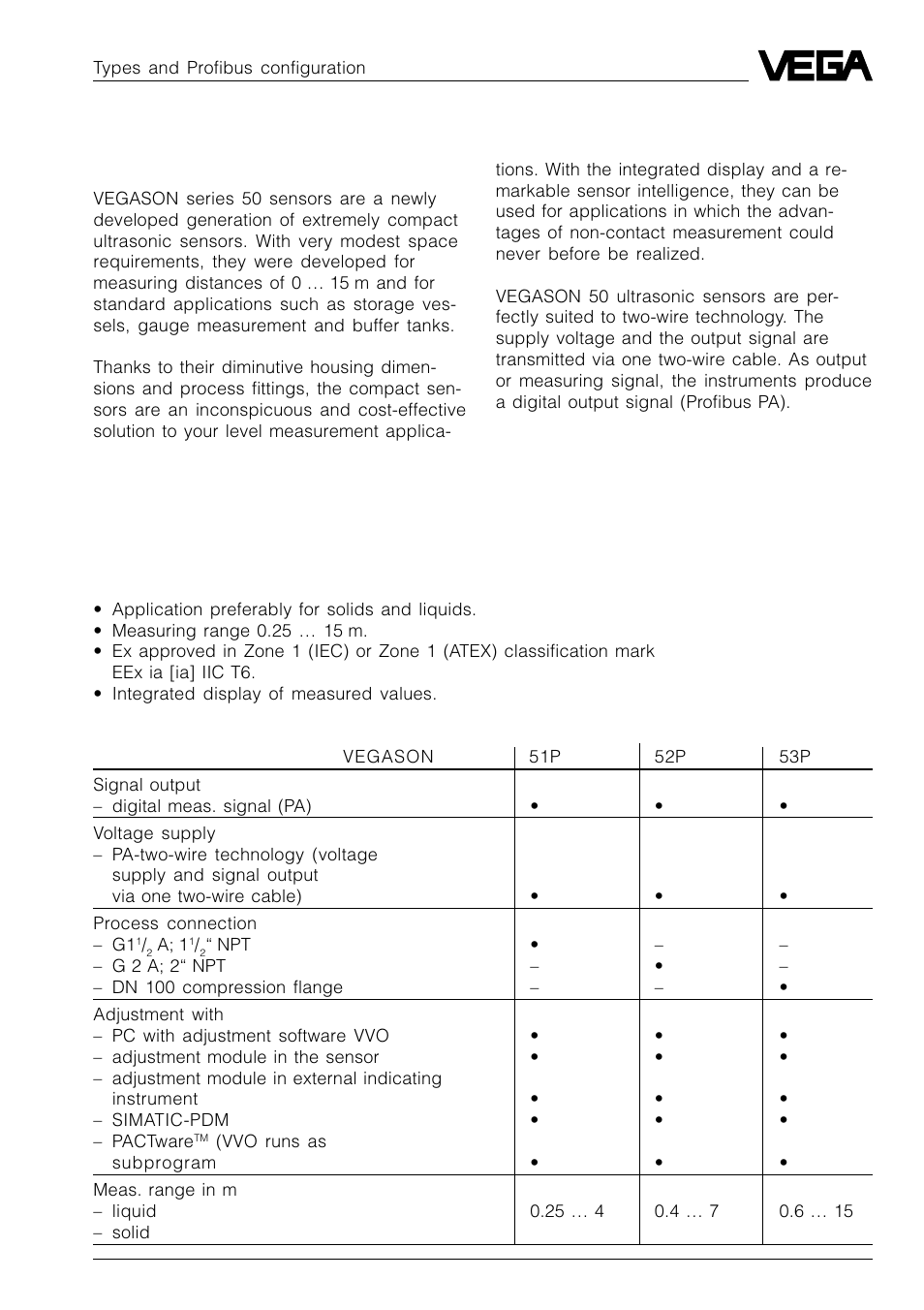 2 types and profibus configuration, 1 survey | VEGA VEGASON 51P…53P Profibus PA User Manual | Page 11 / 84