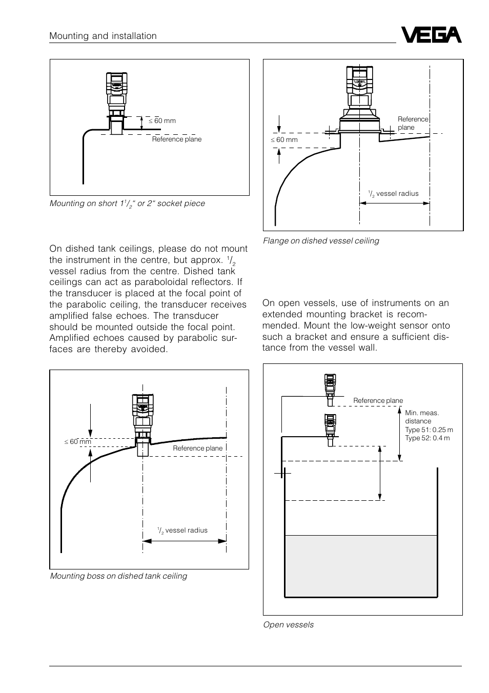 Dished tank ceiling, Open vessels, Mounting and installation | VEGA VEGASON 51P…53P Profibus PA User Manual | Page 25 / 84
