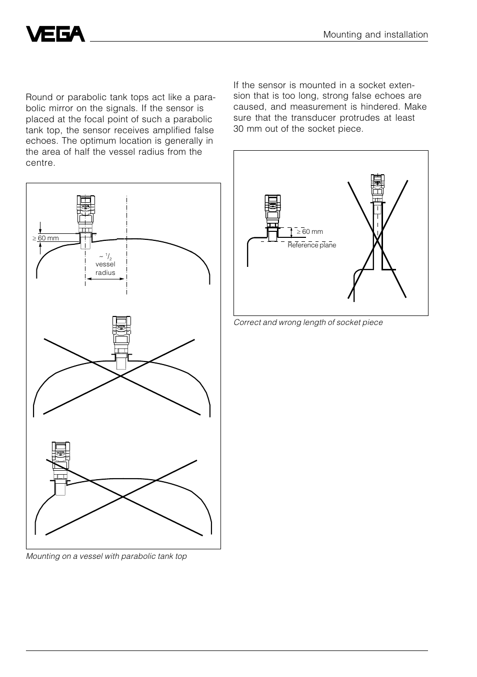 Parabolic effects of rounded or arched vessel tops, Socket piece too long, Mounting and installation | VEGA VEGASON 51P…53P Profibus PA User Manual | Page 34 / 84