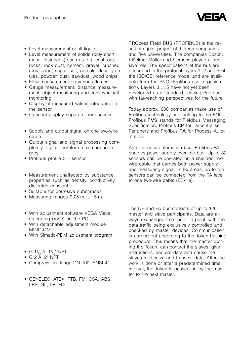 2 application features, 3 profibus output signal | VEGA VEGASON 51P…53P Profibus PA User Manual | Page 5 / 84