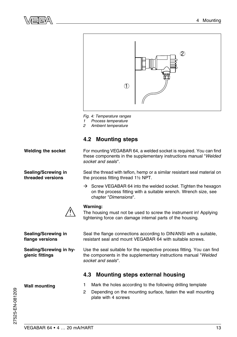 2 mounting steps, 3 mounting steps external housing | VEGA VEGABAR 64 4 … 20 mA_HART User Manual | Page 13 / 80