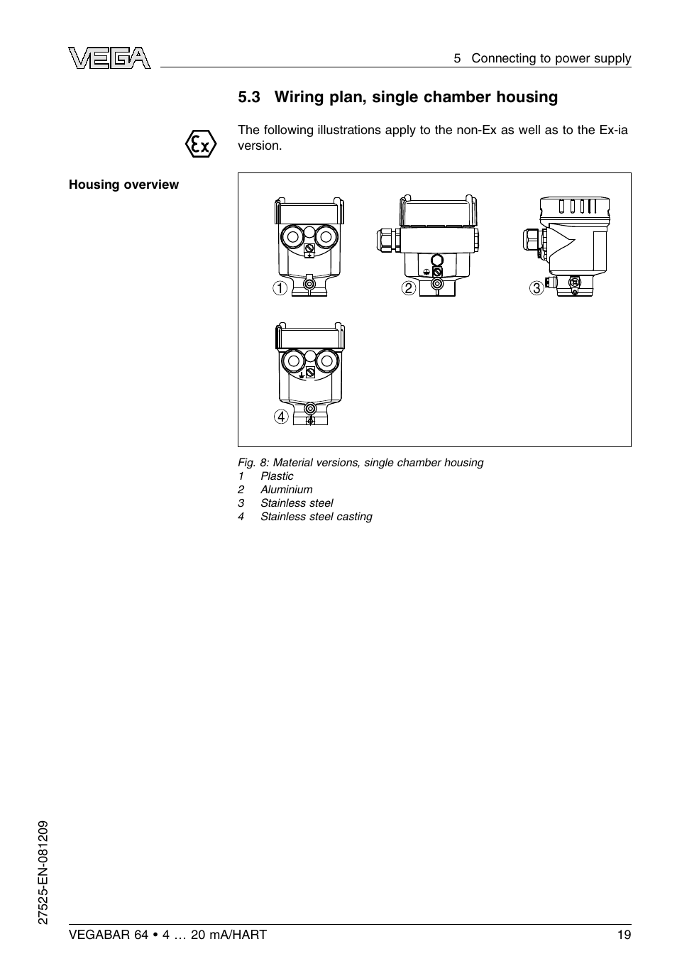 3 wiring plan, single chamber housing | VEGA VEGABAR 64 4 … 20 mA_HART User Manual | Page 19 / 80