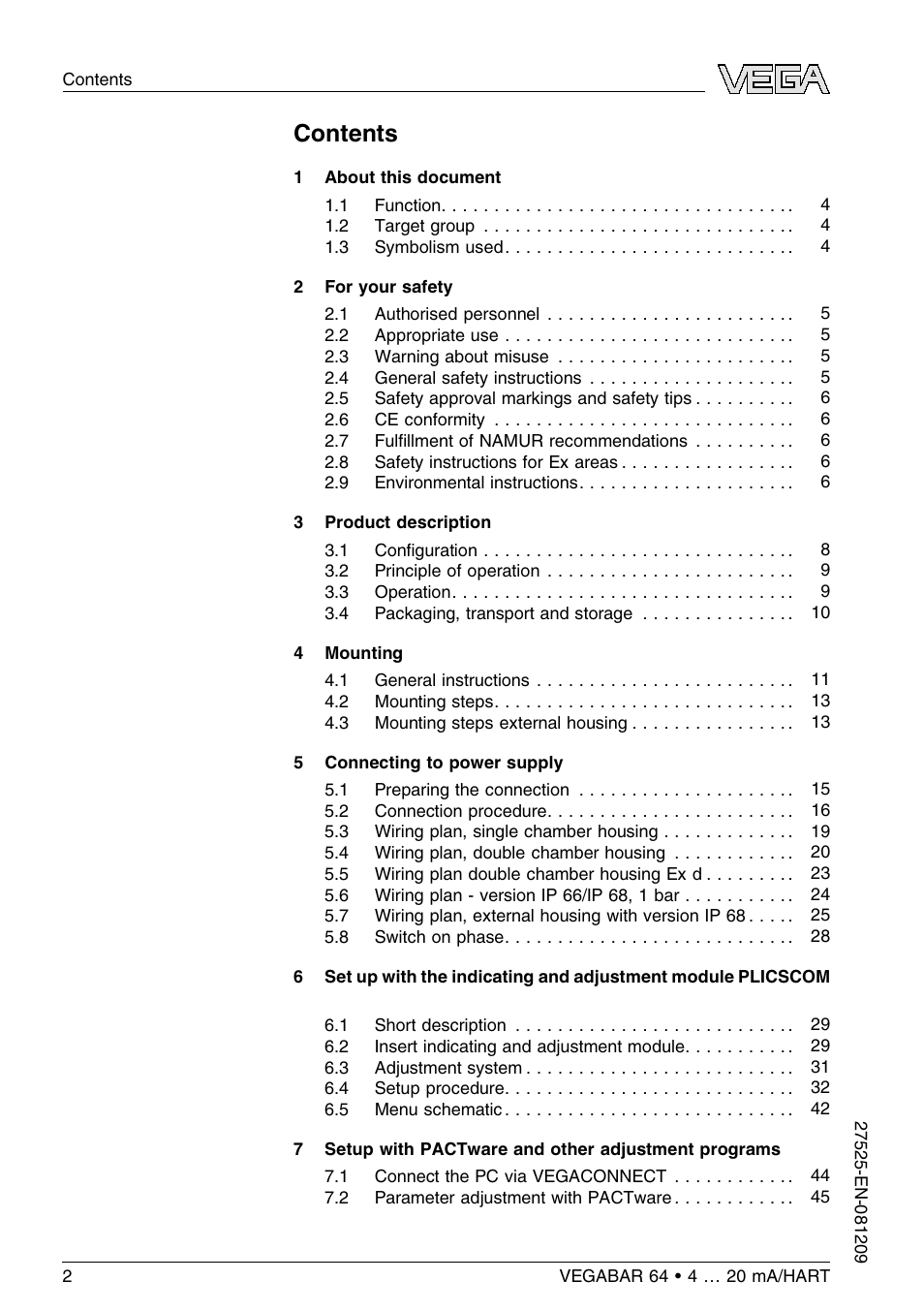 VEGA VEGABAR 64 4 … 20 mA_HART User Manual | Page 2 / 80
