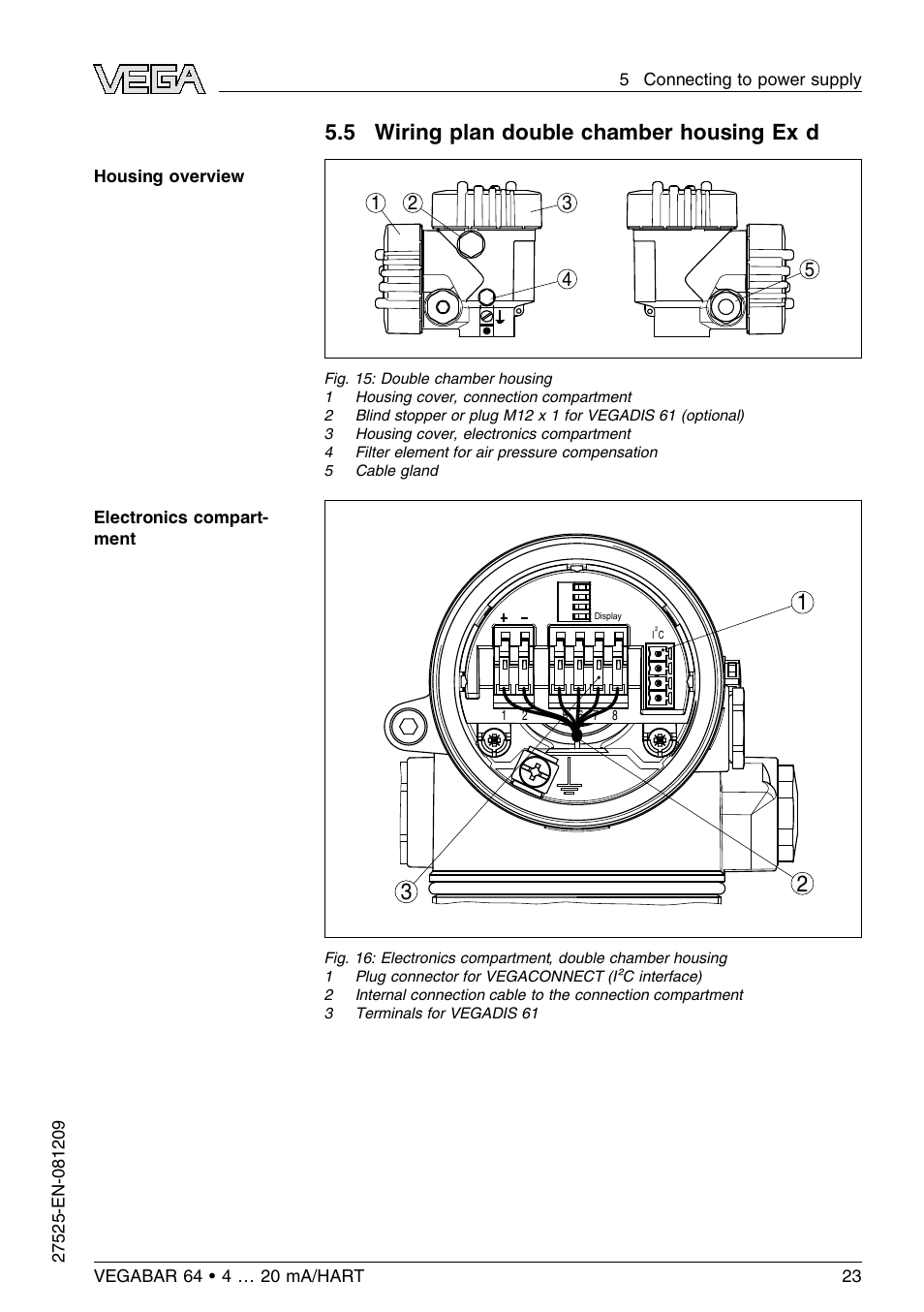 5 wiring plan double chamber housing ex d, 5 wiring plan double chamber housing ex d | VEGA VEGABAR 64 4 … 20 mA_HART User Manual | Page 23 / 80