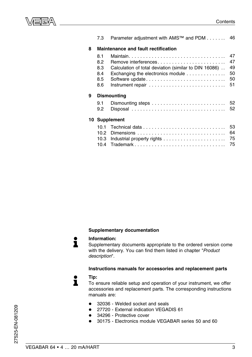 VEGA VEGABAR 64 4 … 20 mA_HART User Manual | Page 3 / 80