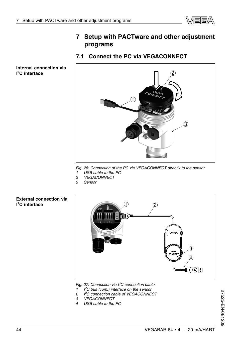 1 connect the pc via vegaconnect, 1 connect the pc via vegaconnect 3 1 2 | VEGA VEGABAR 64 4 … 20 mA_HART User Manual | Page 44 / 80