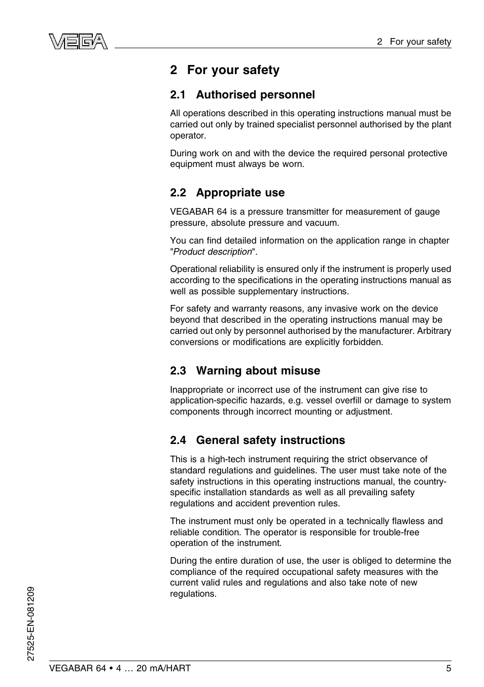 2 for your safety, 1 authorised personnel, 2 appropriate use | 3 warning about misuse, 4 general safety instructions | VEGA VEGABAR 64 4 … 20 mA_HART User Manual | Page 5 / 80