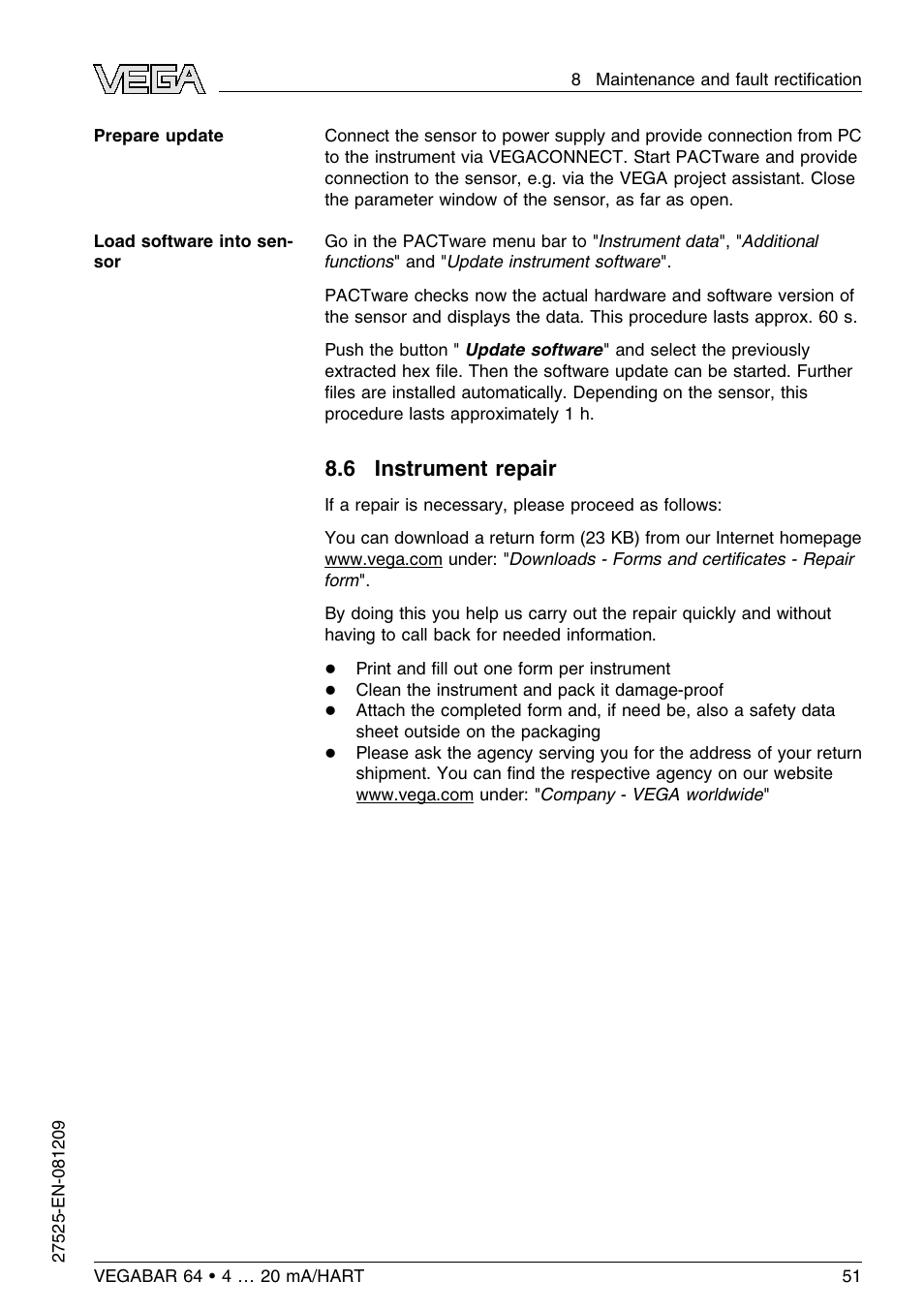 6 instrument repair | VEGA VEGABAR 64 4 … 20 mA_HART User Manual | Page 51 / 80