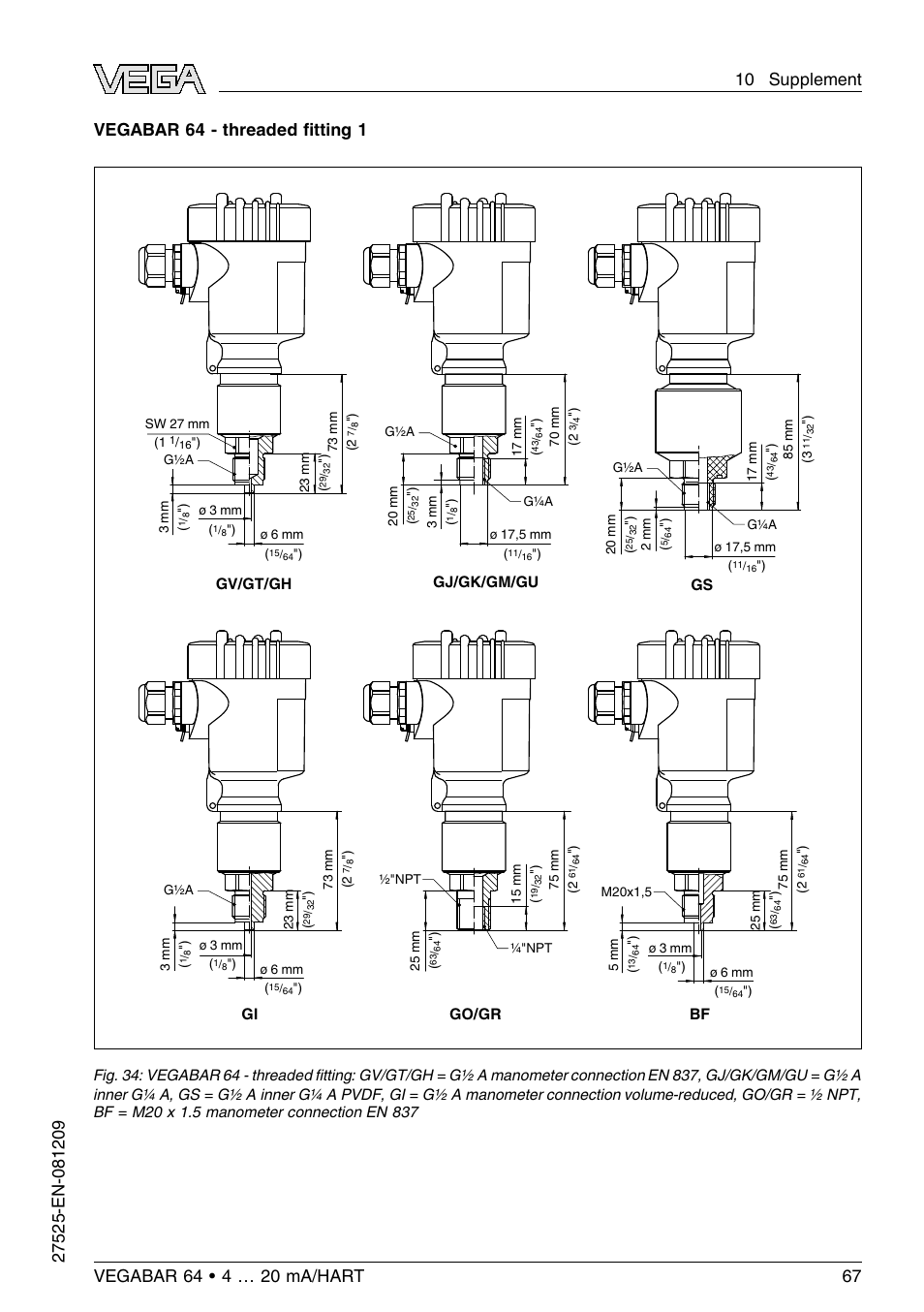 Vegabar 64 - threaded ﬁtting 1 | VEGA VEGABAR 64 4 … 20 mA_HART User Manual | Page 67 / 80