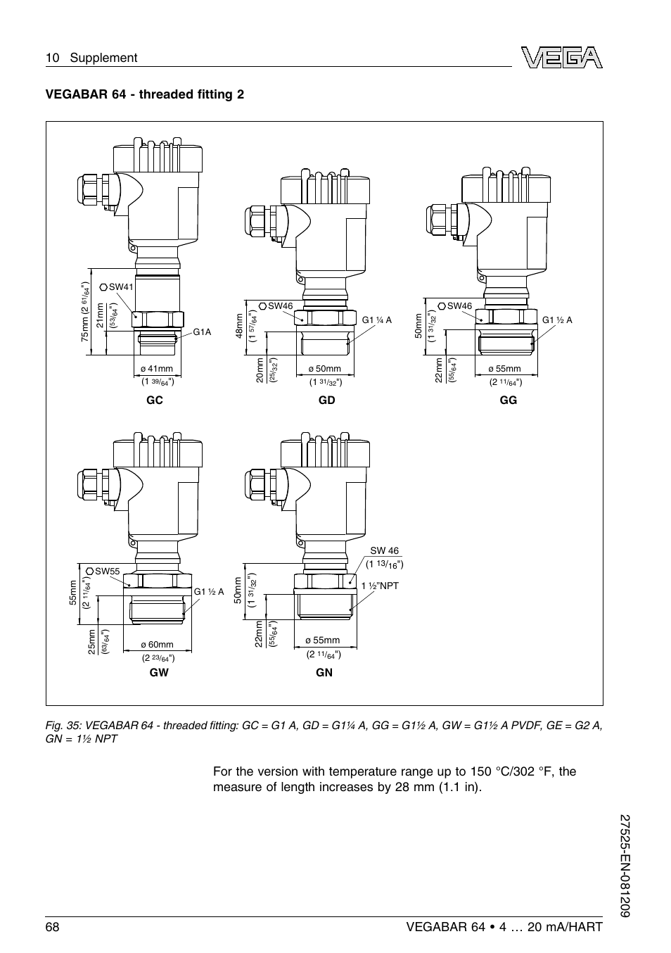 Vegabar 64 - threaded ﬁtting 2 | VEGA VEGABAR 64 4 … 20 mA_HART User Manual | Page 68 / 80
