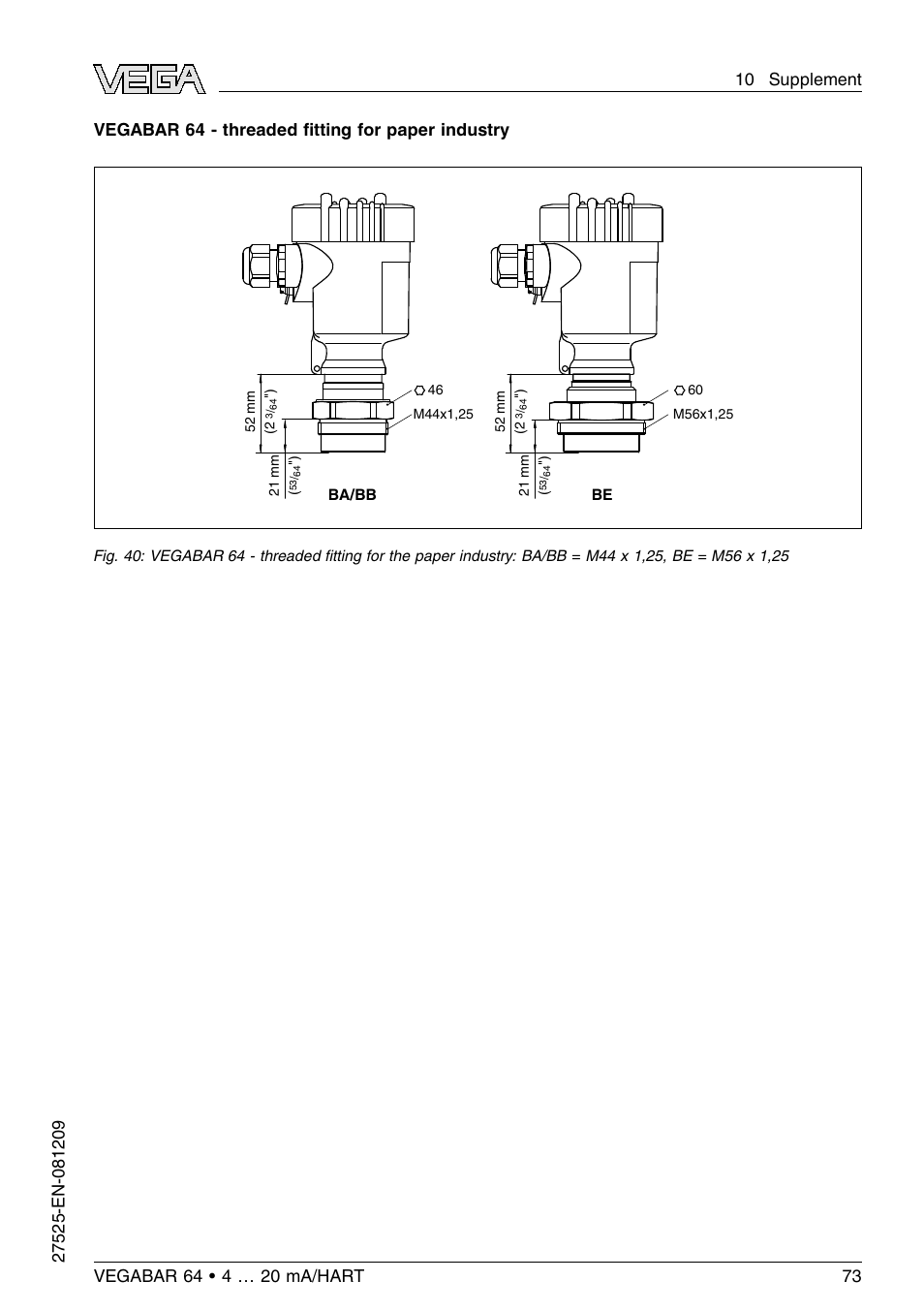 Vegabar 64 - threaded ﬁtting for paper industry | VEGA VEGABAR 64 4 … 20 mA_HART User Manual | Page 73 / 80