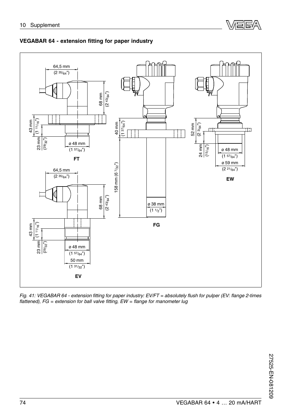 Vegabar 64 - extension ﬁtting for paper industry | VEGA VEGABAR 64 4 … 20 mA_HART User Manual | Page 74 / 80