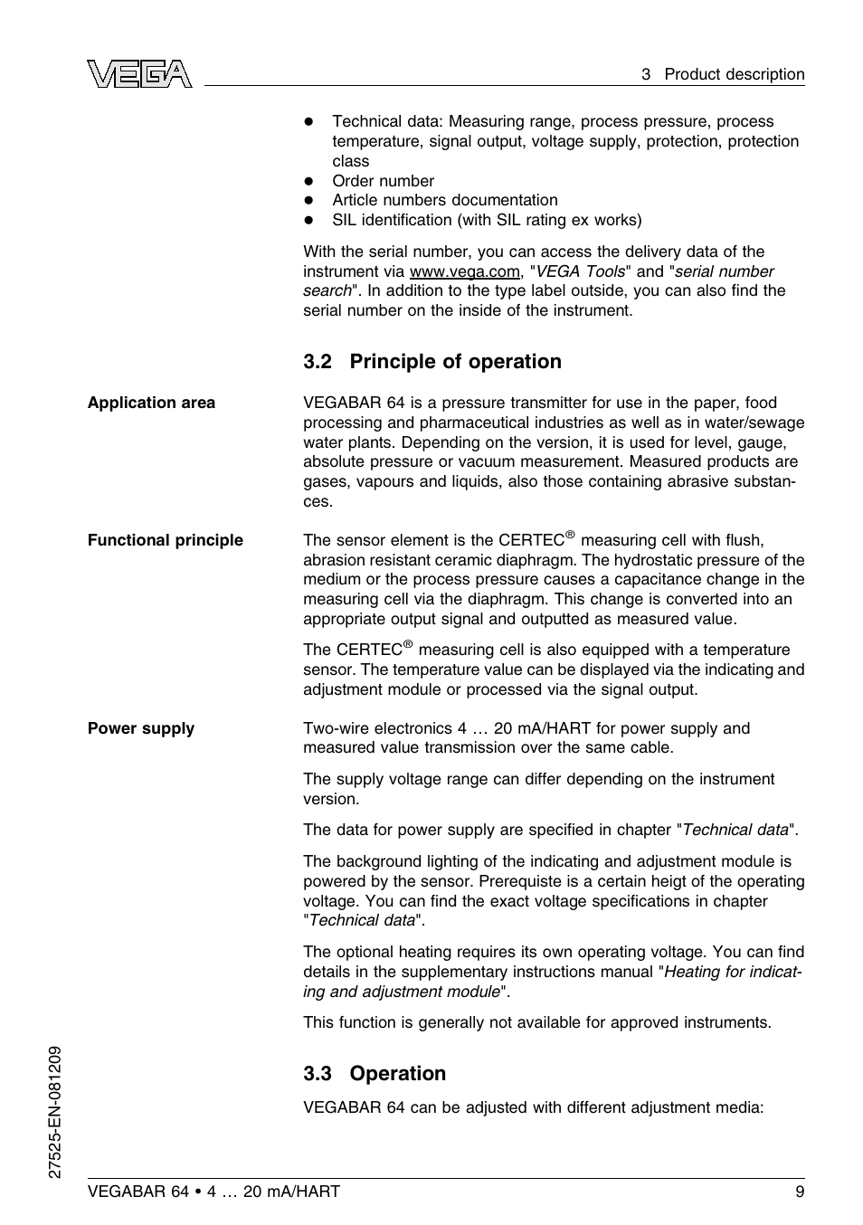 2 principle of operation, 3 operation | VEGA VEGABAR 64 4 … 20 mA_HART User Manual | Page 9 / 80