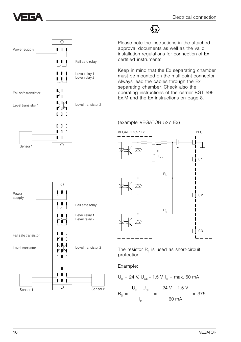 Ex version, Wiring of the transistor outputs, Vegator 523 (ex) | Vegator 527 (ex), Electrical connection, Example vegator 527 ex), The resistor r, Is used as short-circuit protection example: u, 24 v, u, 5 v, i | VEGA VEGATOR 521, 522, 523, 527 User Manual | Page 10 / 24