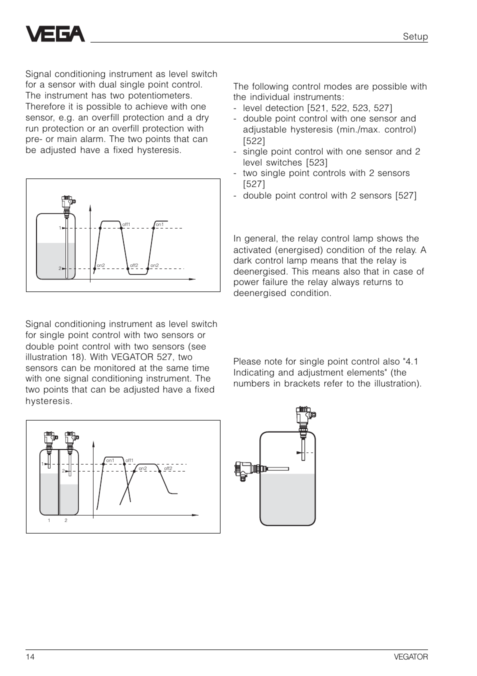 3 switching point adjustment, Vegator 521 single point control, Vegator 523 | Vegator 527 | VEGA VEGATOR 521, 522, 523, 527 User Manual | Page 14 / 24