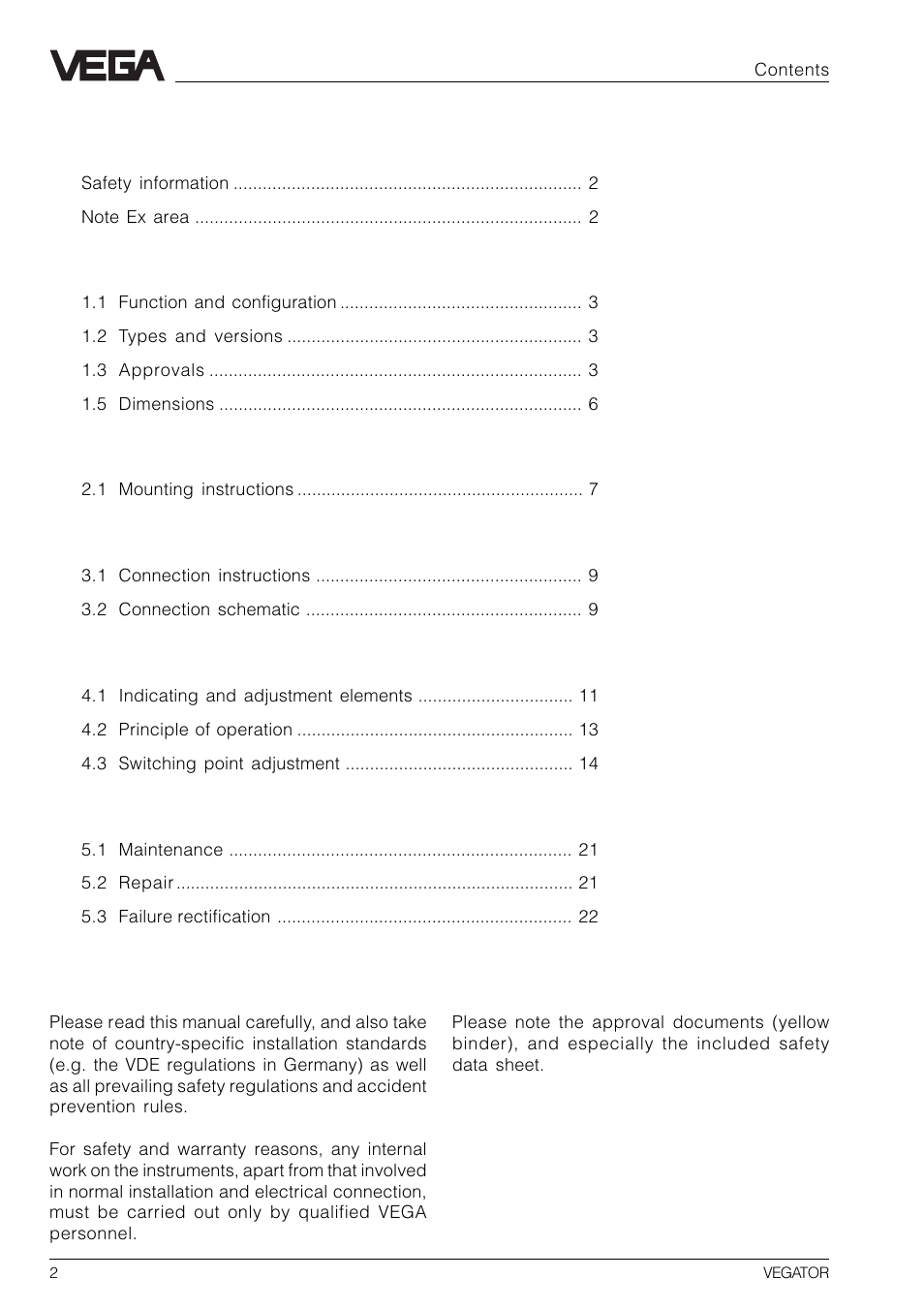 VEGA VEGATOR 521, 522, 523, 527 User Manual | Page 2 / 24